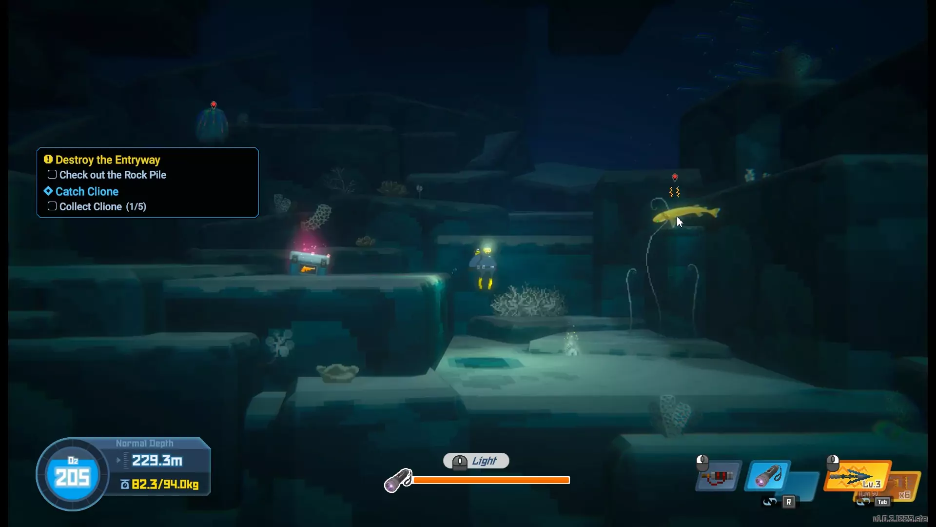 The player shocking a Cookiecutter Shark with a Shock Harpoon.