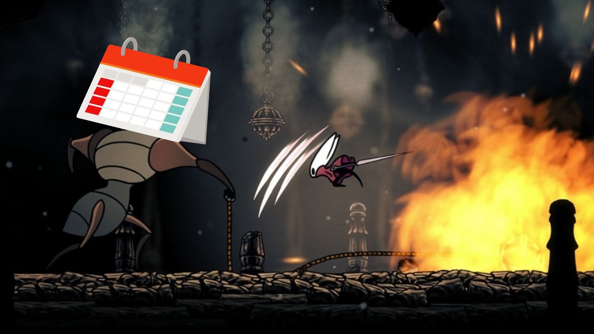 Hornet from Hollow Knight: Silksong attacking an enemy that has a calendar for a head.