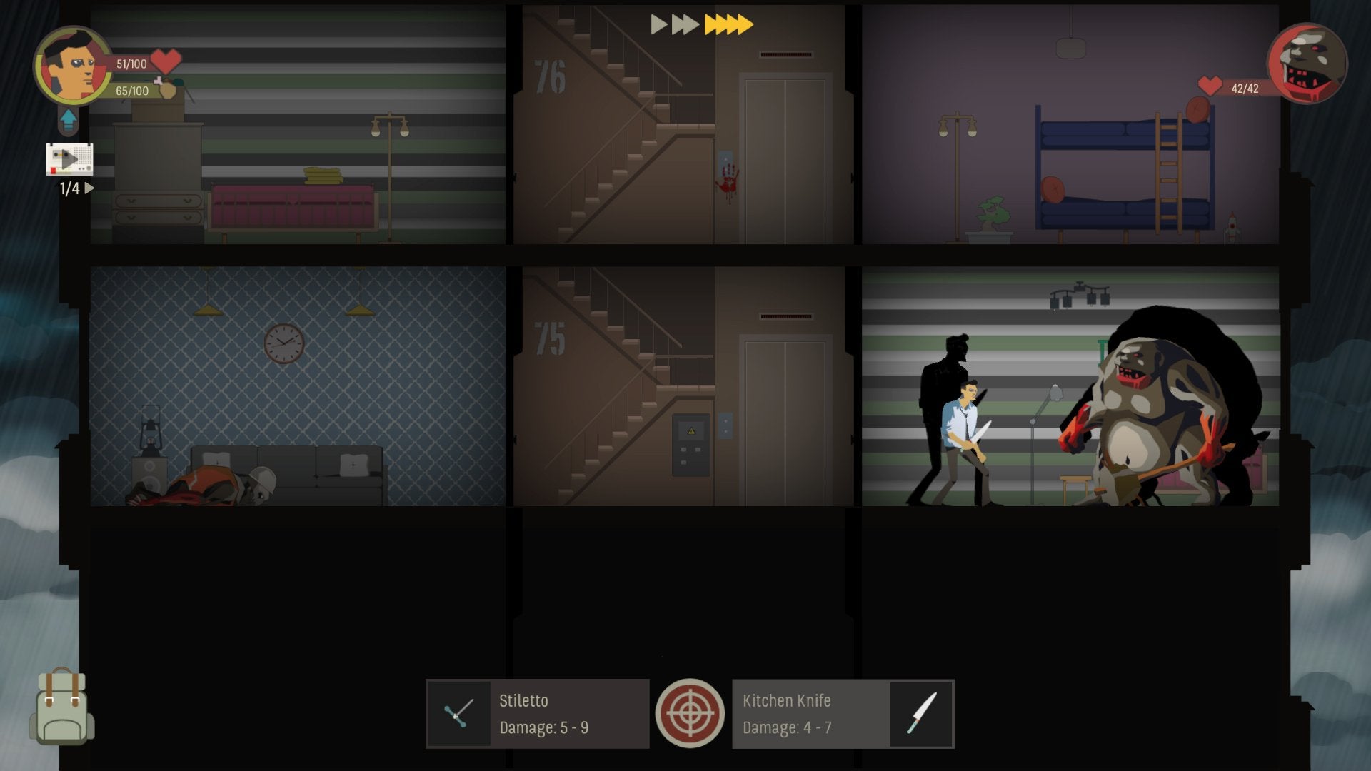 The player in SKYHILL (a Roguelike) fighting a large zombie wielding a hammer in an apartment building.
