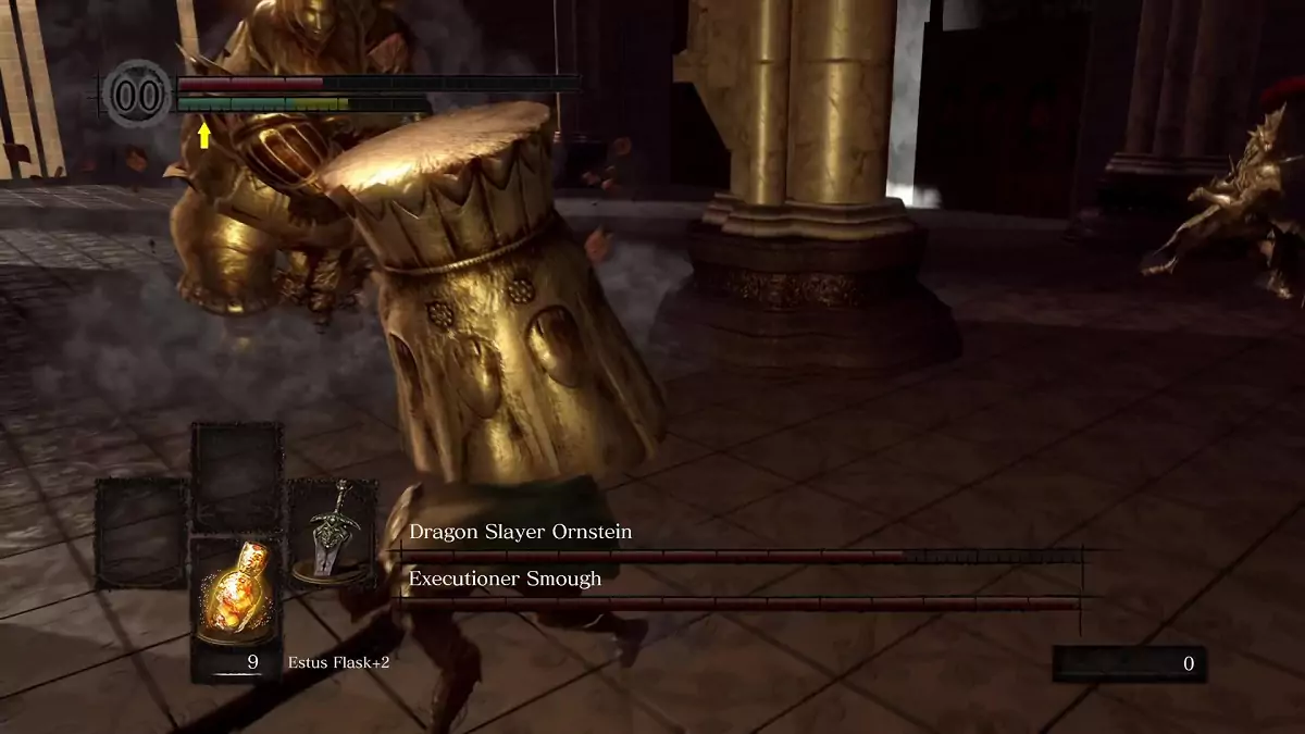 Smough charging towards the Chosen Undead.