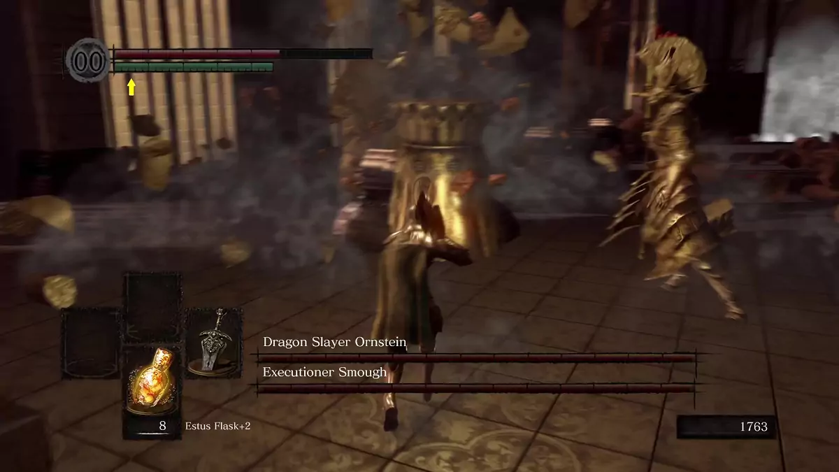 Smough smashing the ground in front of the Chosen Undead.