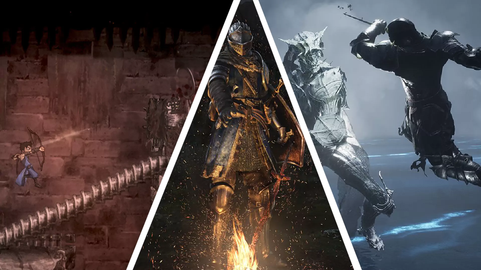 On the left is a player in Salt and Sanctuary shooting an enemy with a bow, in the middle is an armored knight extending their hand towards a bonfire in Dark Souls, and on the right is a player performing an aerial attack against an enemy in Mortal Shell.