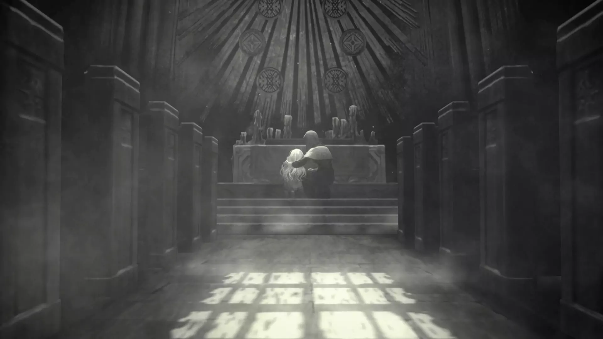 Two people crouching at the far end of a dimly lit room.