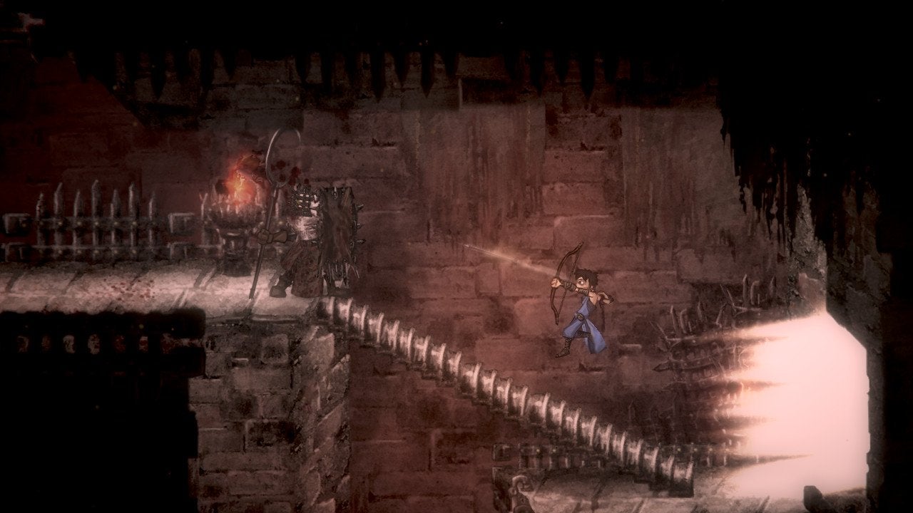The player shooting an armored enemy with an arrow in Salt and Sanctuary—a 2D Soulslike game.