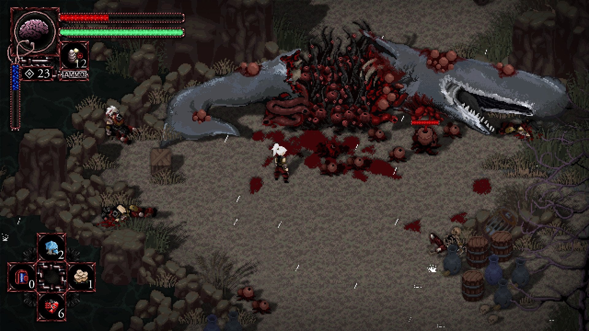 The player looking at the massacred body of a dead whale in Morbid: The Seven Acolytes—a Soulslike game.