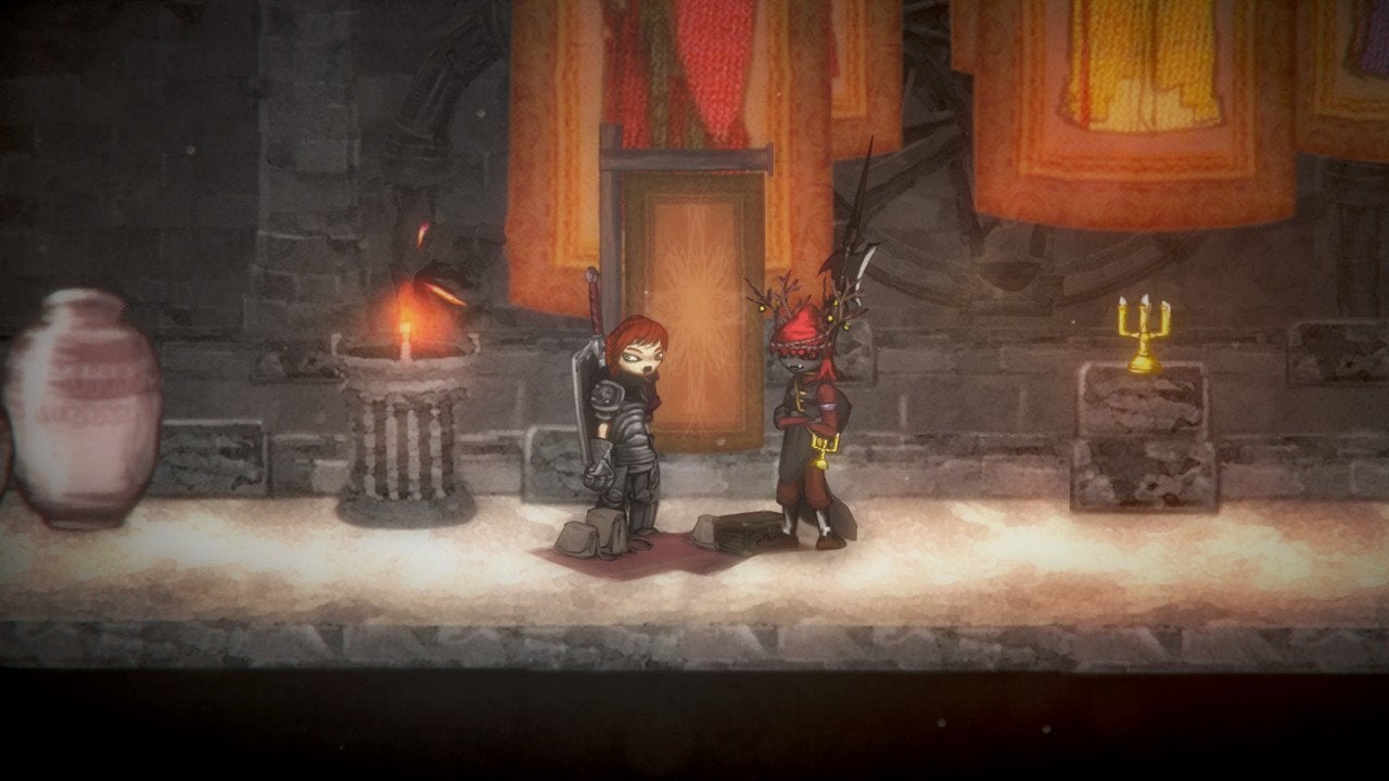 Two players standing next to each other in a brightly-lit room with a door, some banners, and a standing torch in Salt and Sanctuary—a Metroidvania game.