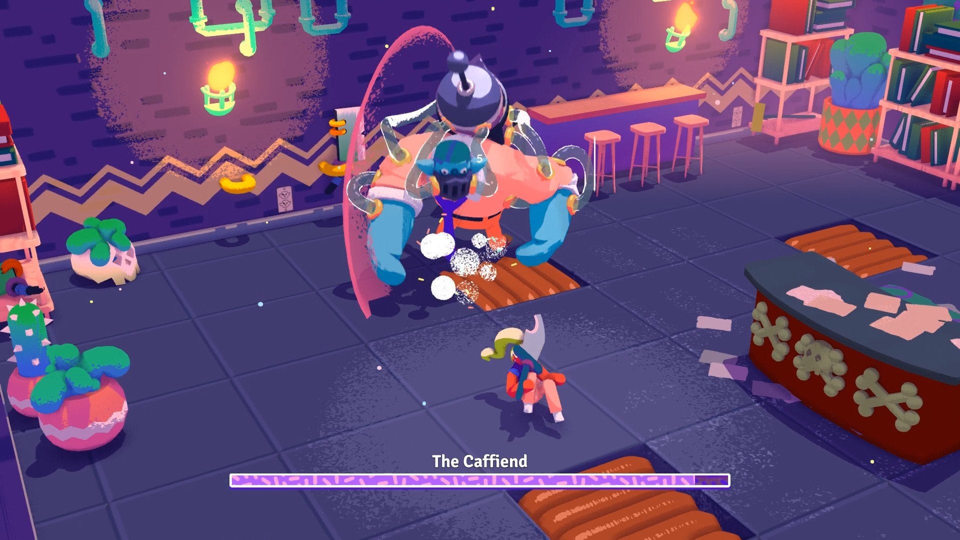 The player fighting a boss named "The Caffiend" in the game Going Under—which is a Soulslike title.