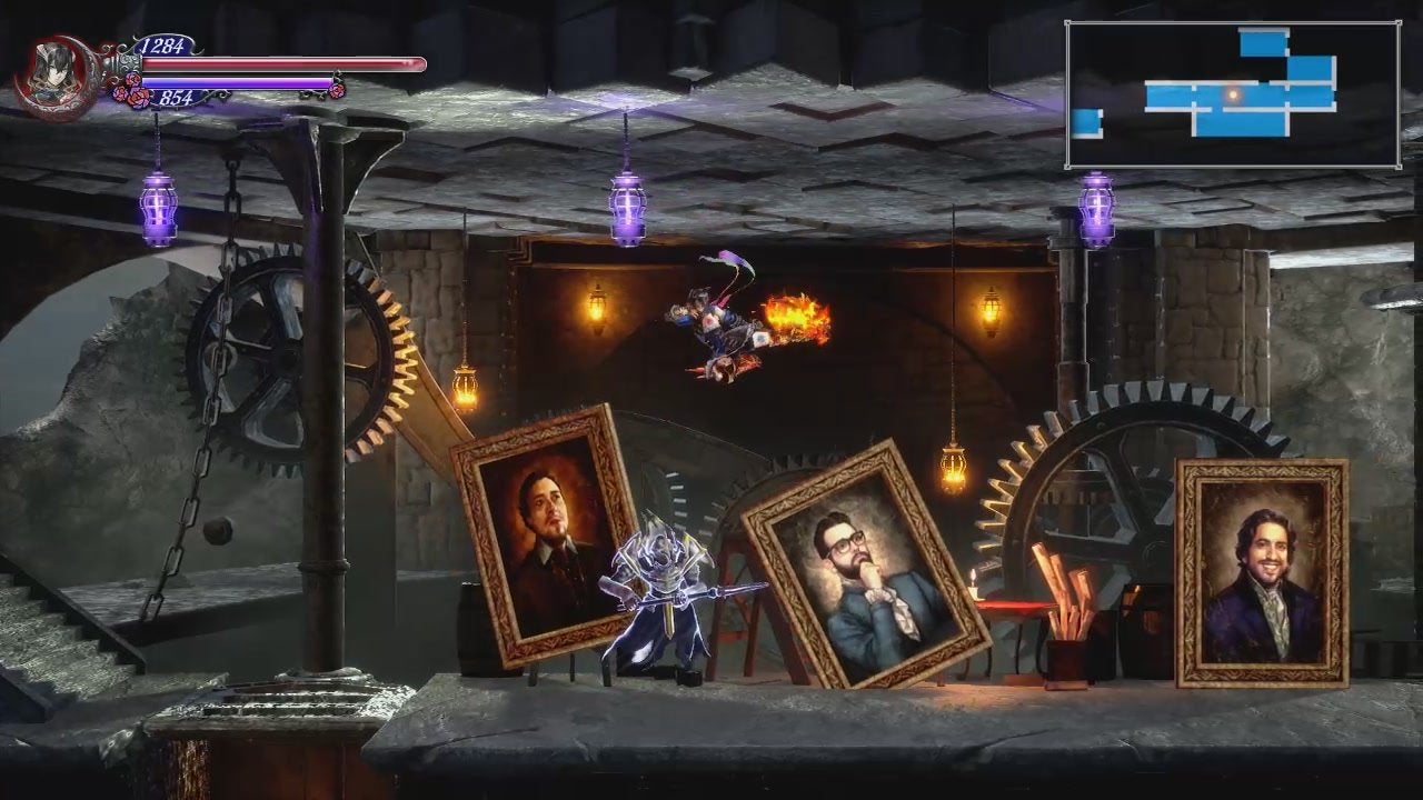 The player walking on the ceiling above an enemy in Bloodstained: Ritual of the Night—which is a 2.5D Metroidvania game.