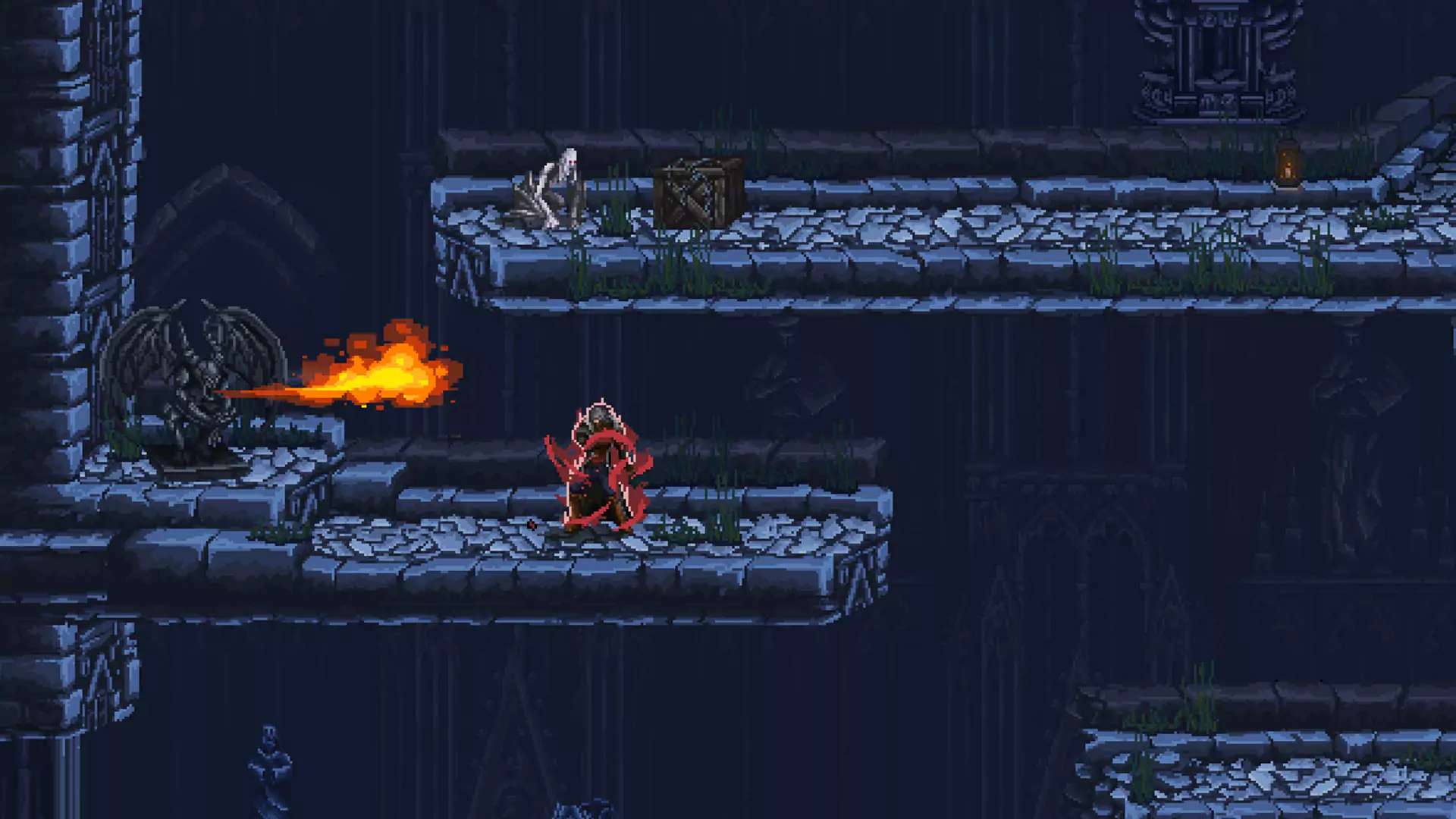 A player facing a gargoyle statue that's breathing fire in The Last Faith—a pixel-graphics Metroidvania game.