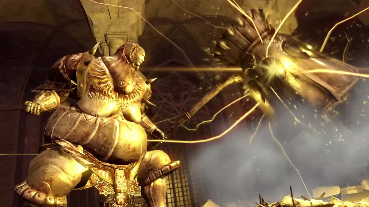 Smough powering up for phase two of a boss fight in Dark Souls.