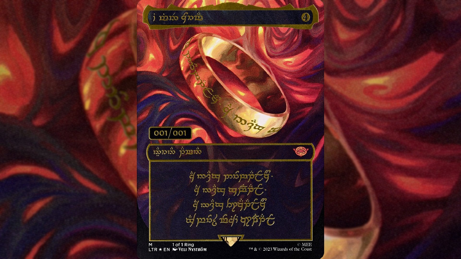The One Ring card in Magic: The Gathering with the Elvish Tengwar text.
