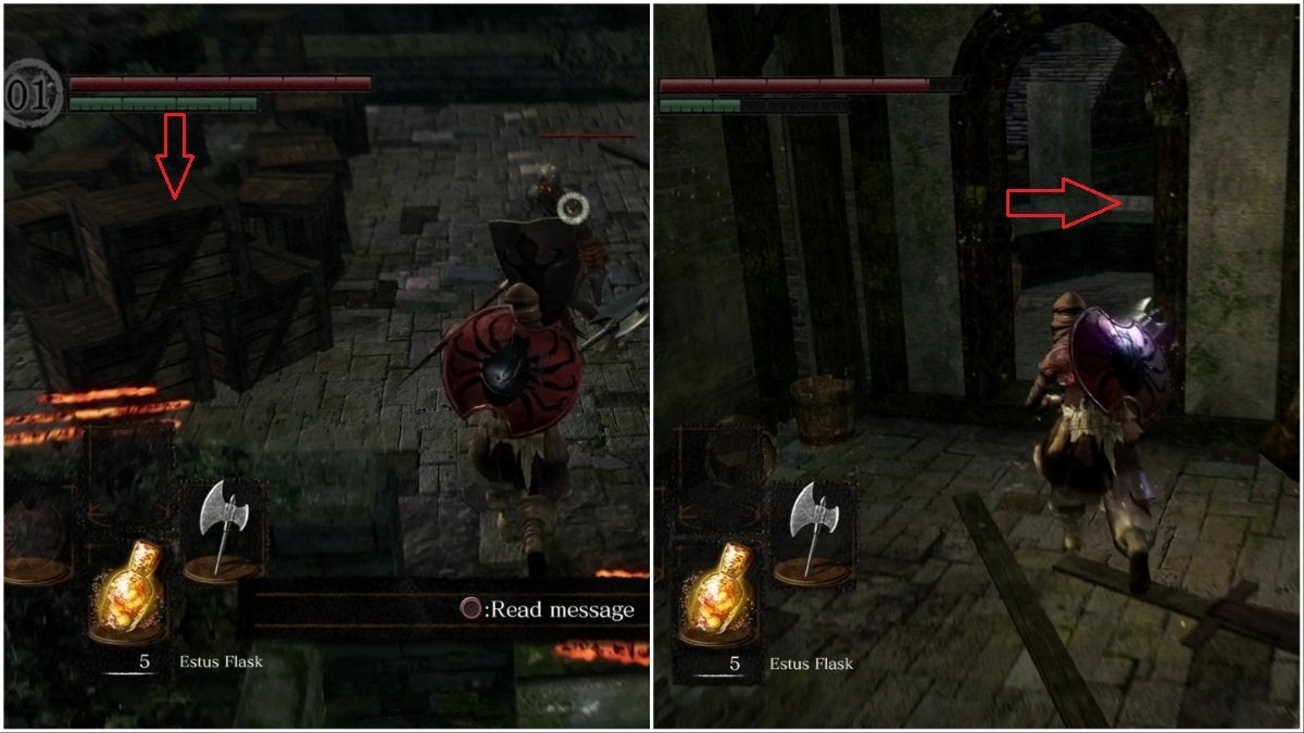 The directions to the merchant in Undead Burg indicated with red arrows.