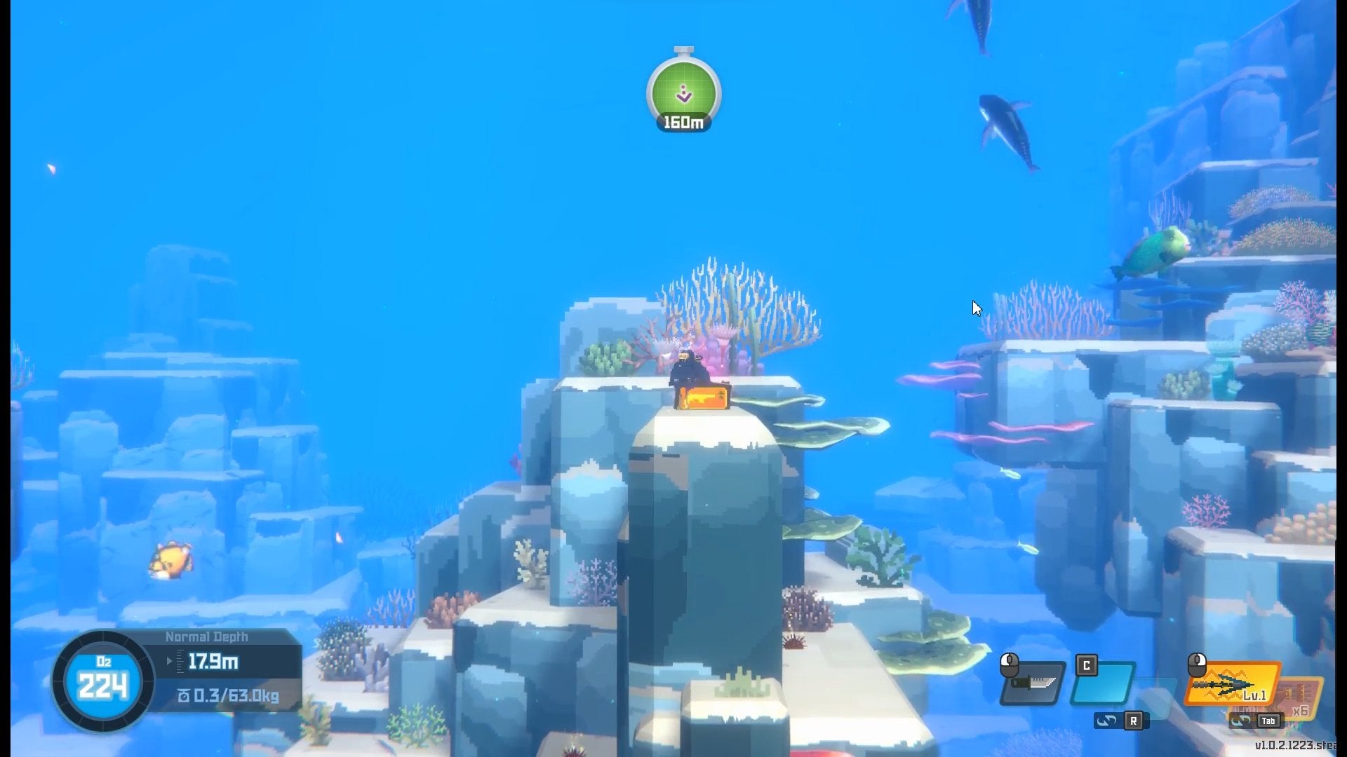 The player swimming next to an orange box with a gun symbol on it while underwater in Dave the Diver.