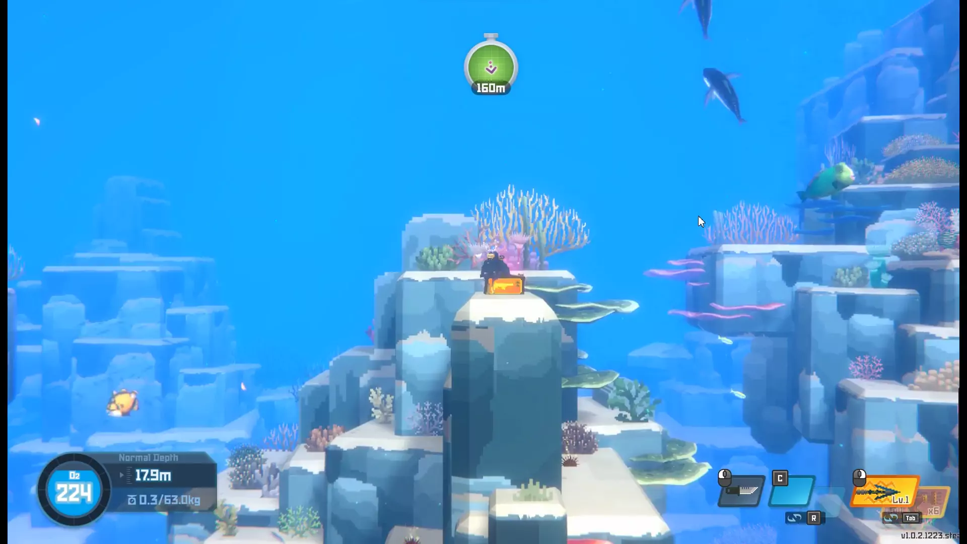 The player swimming next to an orange box with a gun symbol on it while underwater in Dave the Diver.