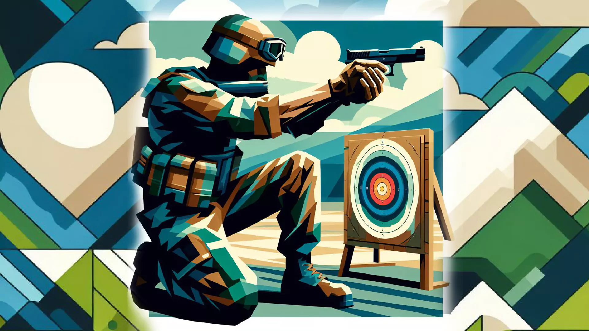 A soldier kneeling and pointing a handgun to the right. There is a target behind the soldier.