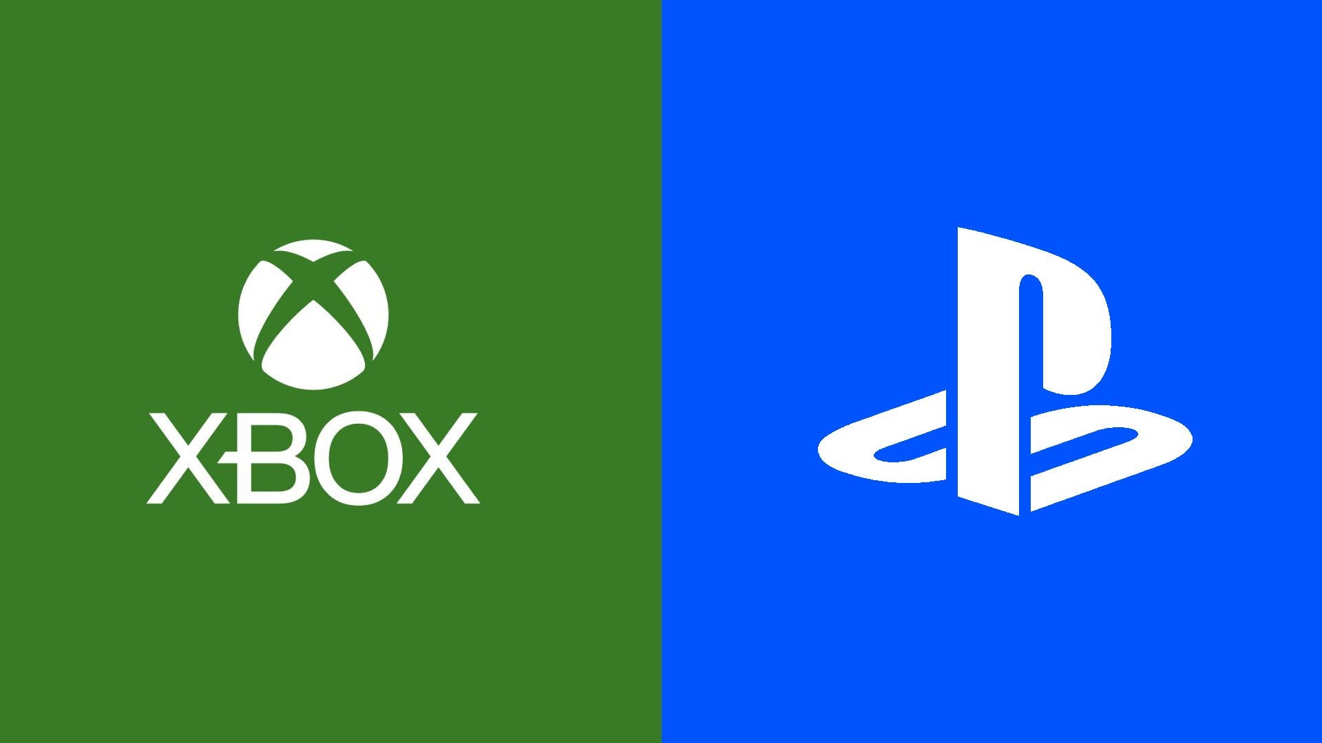 On the left is the Xbox logo on a green background and on the right is the PlayStation logo on a blue background.