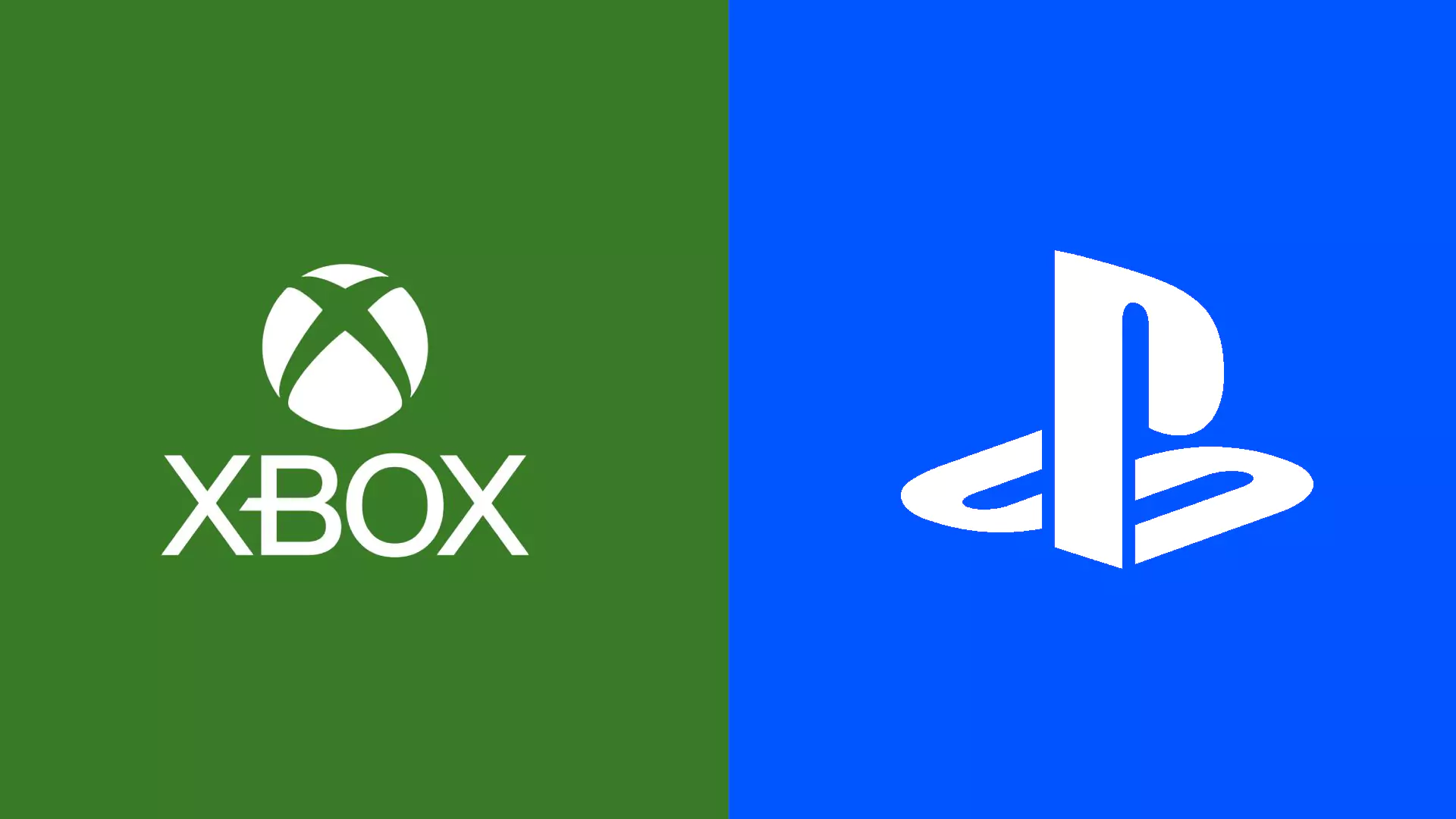 On the left is the Xbox logo on a green background and on the right is the PlayStation logo on a blue background.