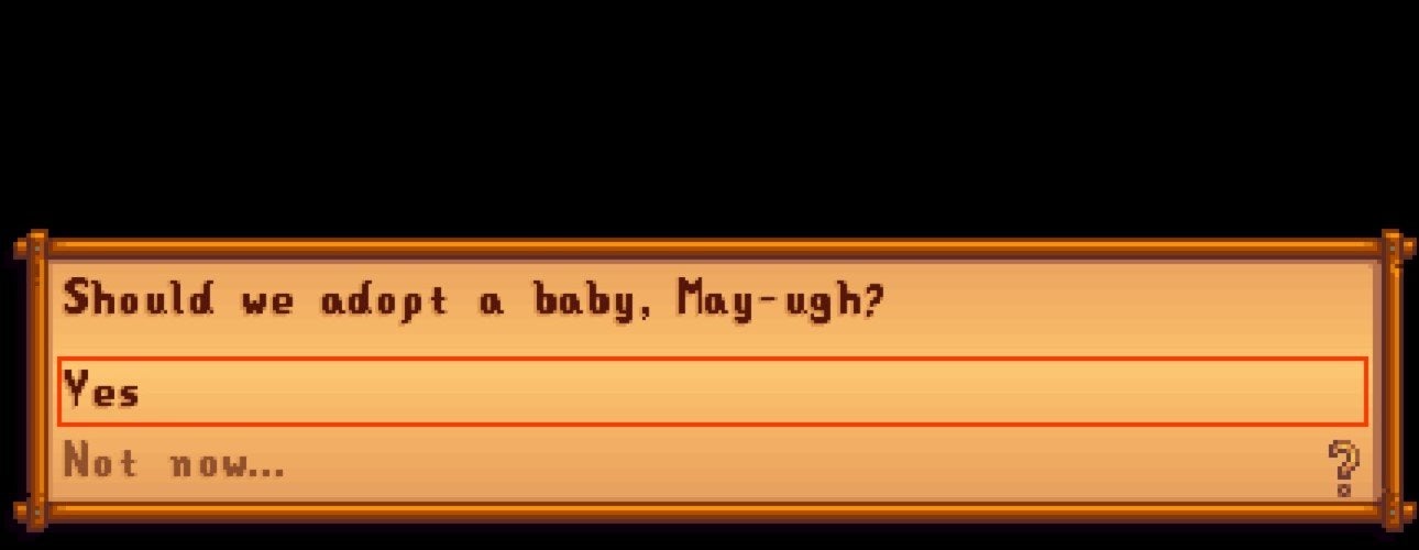 The in-game dialogue from a spouse asking if the player wants to adopt a child. 