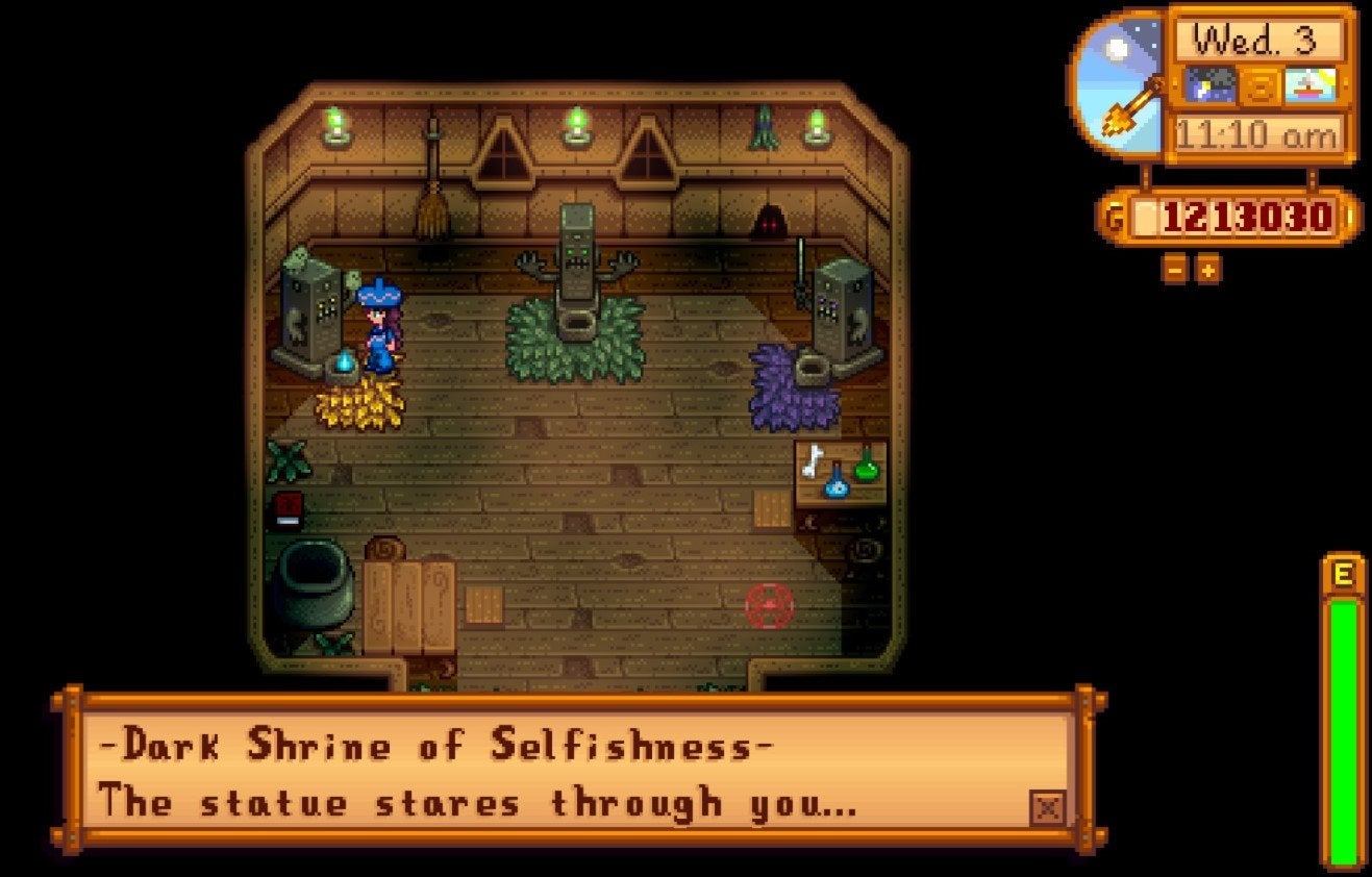 A player standing at the Dark Shrine of Selfishness in the Witch's Hut. 