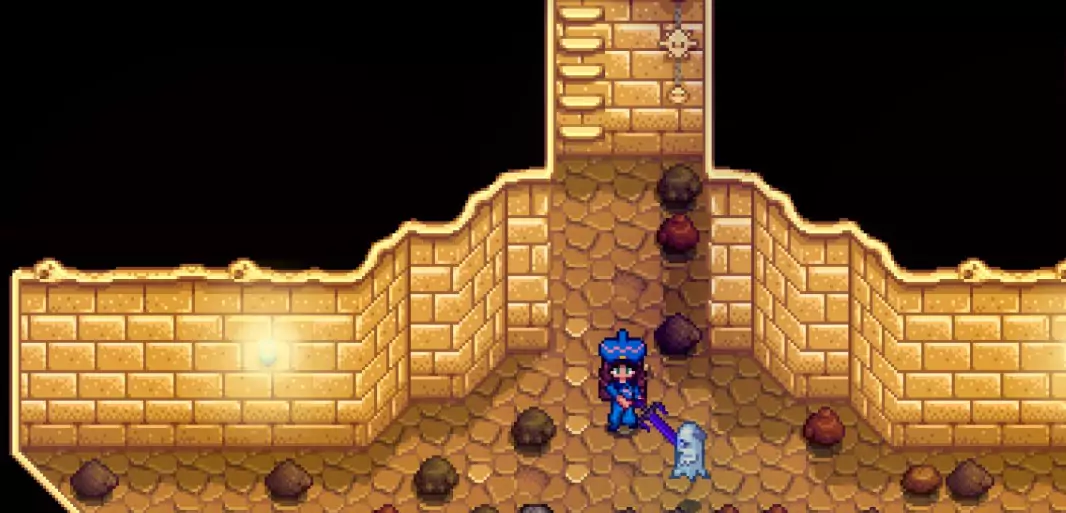 An example of a player attacking a Ghost in Stardew Valley. 