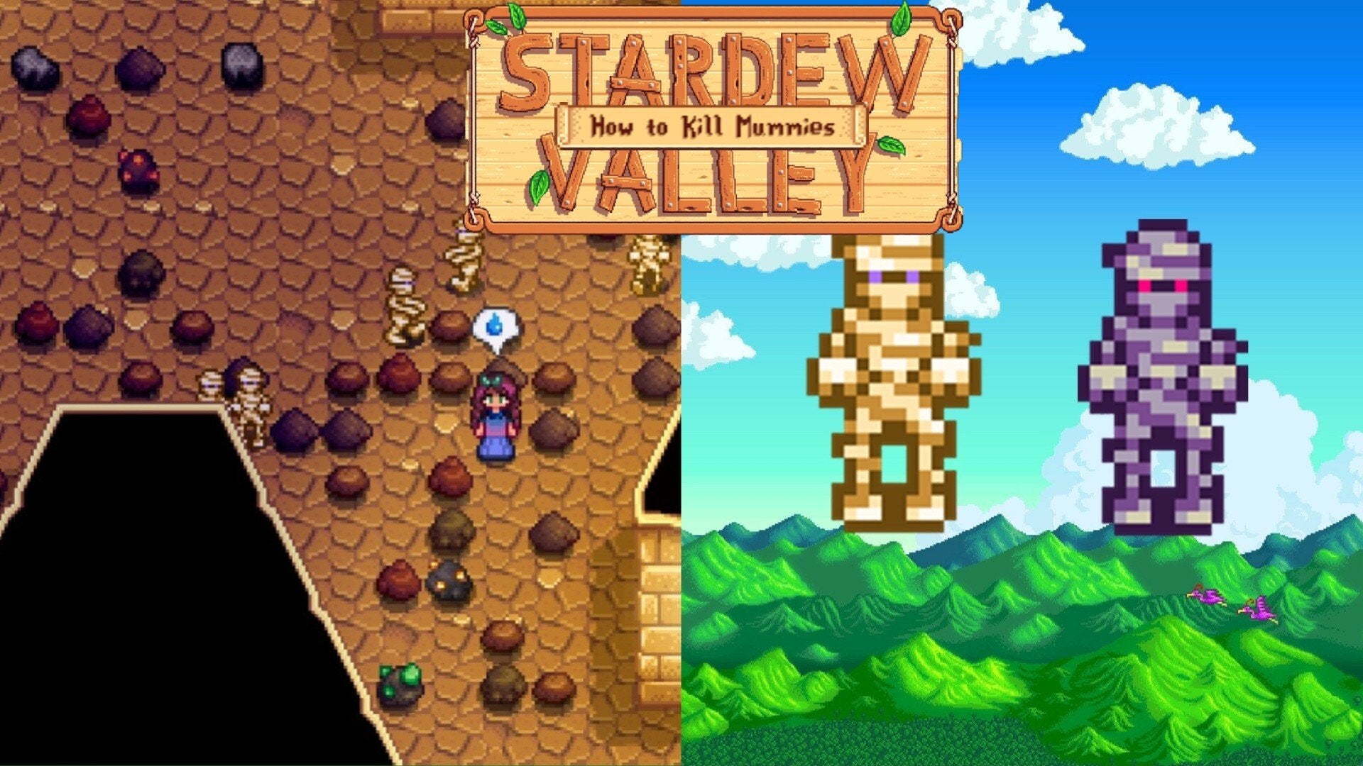 A player finding a mummy in a cave in Stardew Valley.