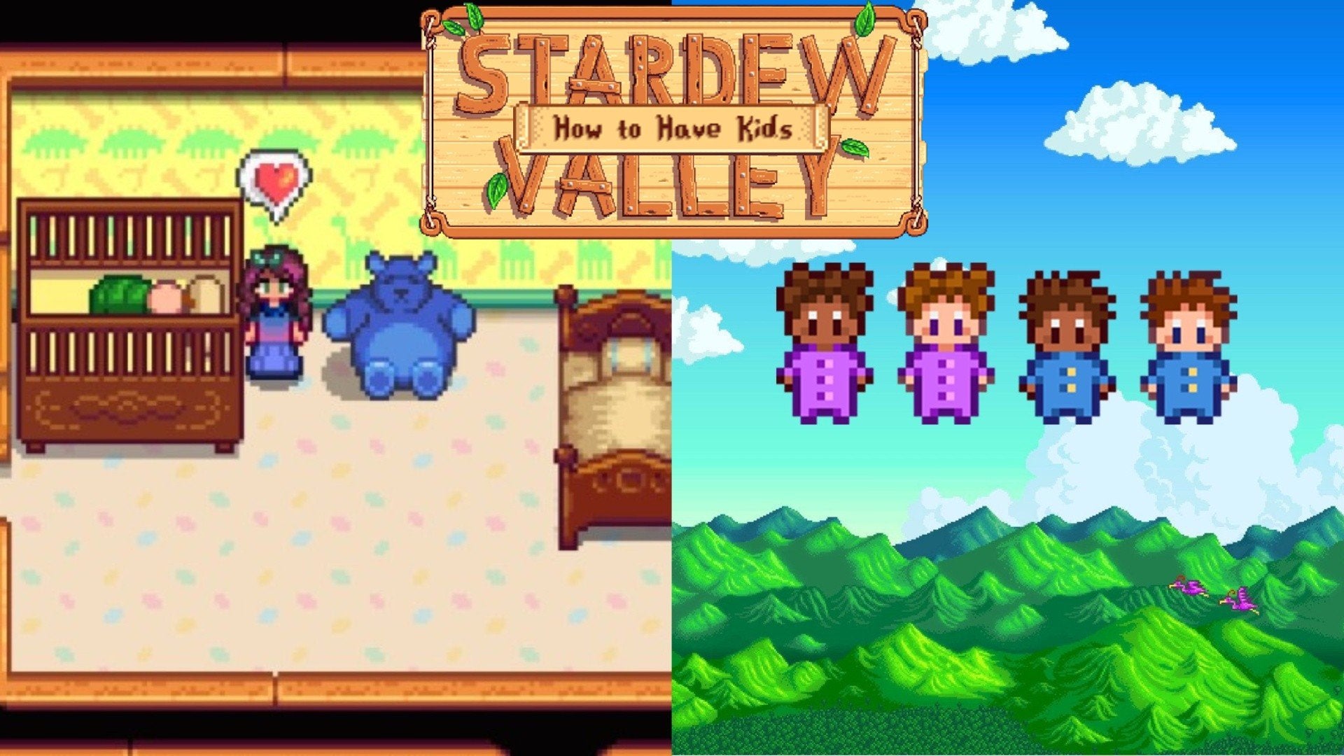 A Stardew Valley player standing next to a sleeping baby in their crib.