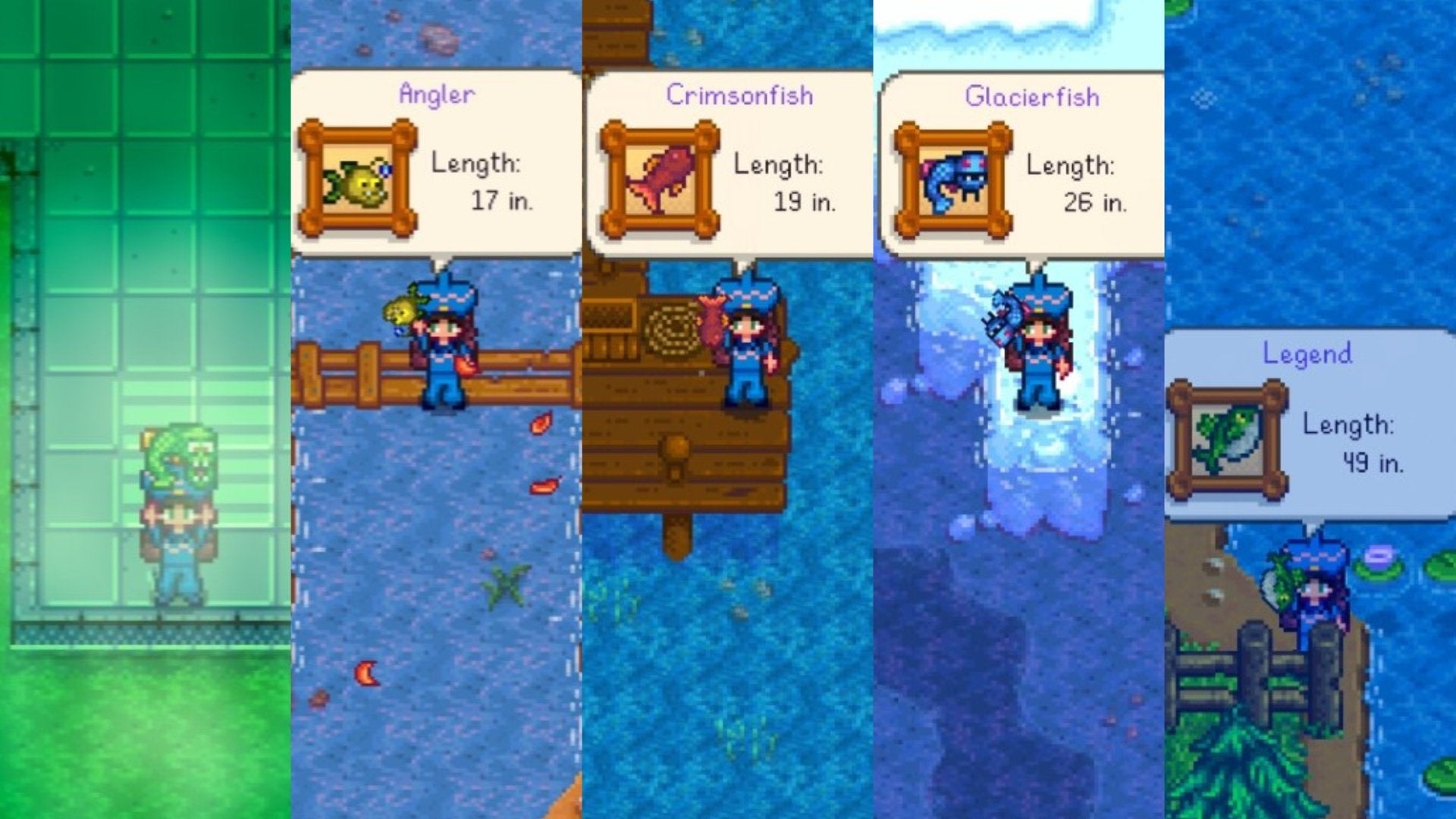 A player holding all of the Legendary Fish in Stardew Valley.