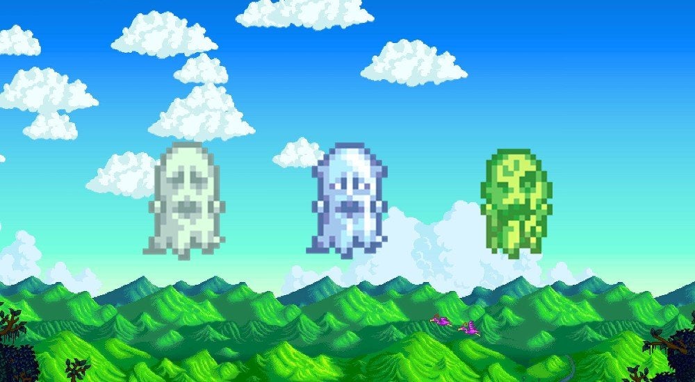 Examples of the three types of Ghost in Stardew Valley from left to right: Normal, Carbon, and Putrid.