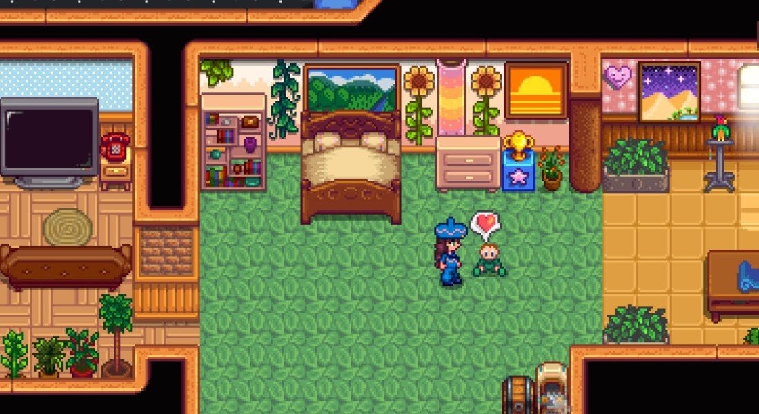 A player interacting with a toddler in Stardew Valley. 