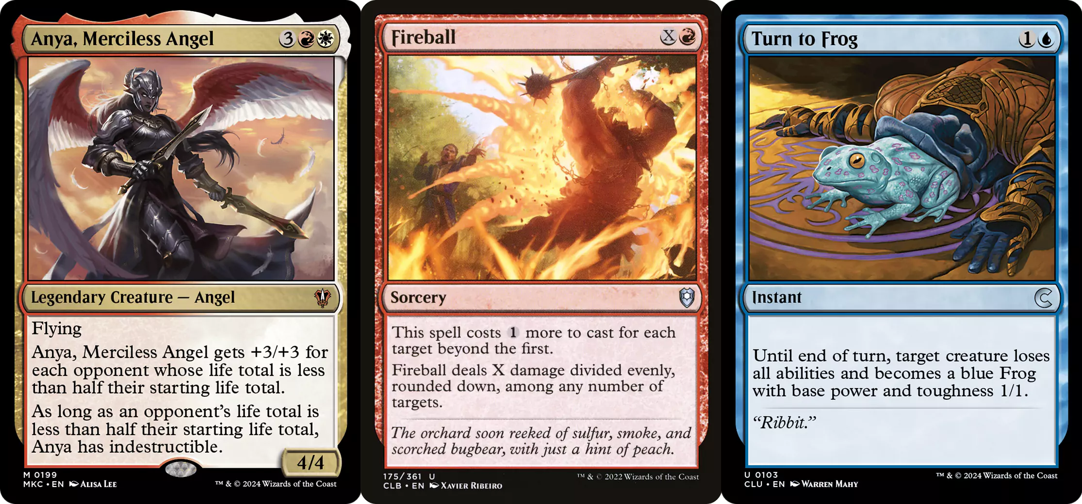 A Legendary Creature with Indestructible alongside a damage-dealing Sorcery and a transformation Instant. All are from MTG.