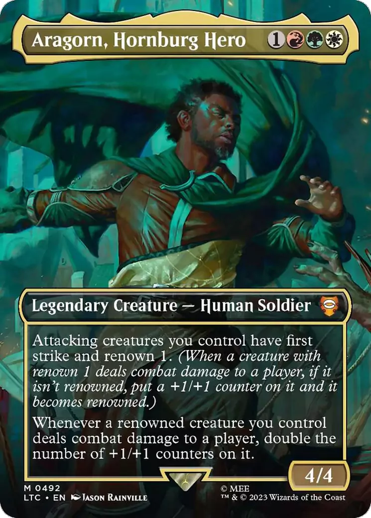 Aragorn from The Lord of the Rings surrounded by green scenery on an MTG card.