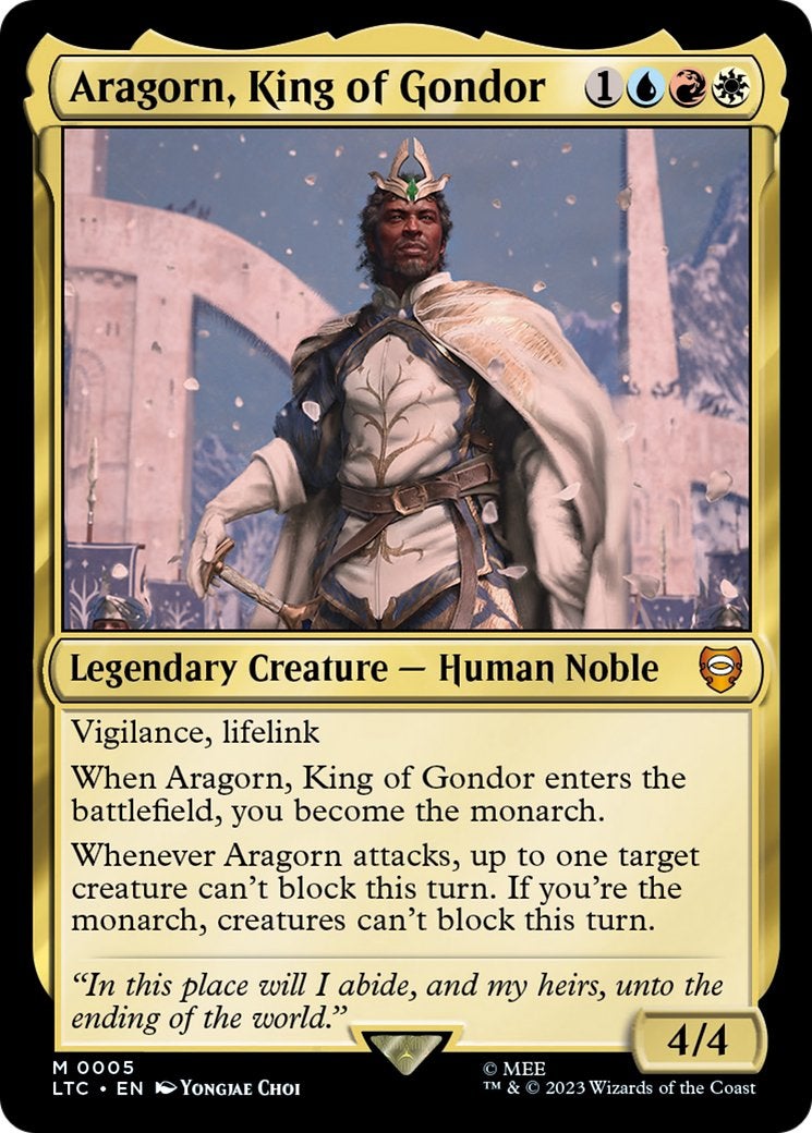 The King of Gondor from The Lord of the Rings wearing white robes and a crown on a Magic: The Gathering card.