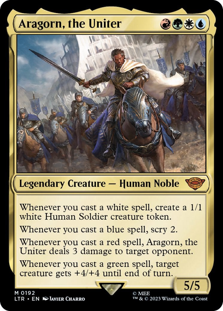 Many humans riding horses on a four-colored Magic: The Gathering card.