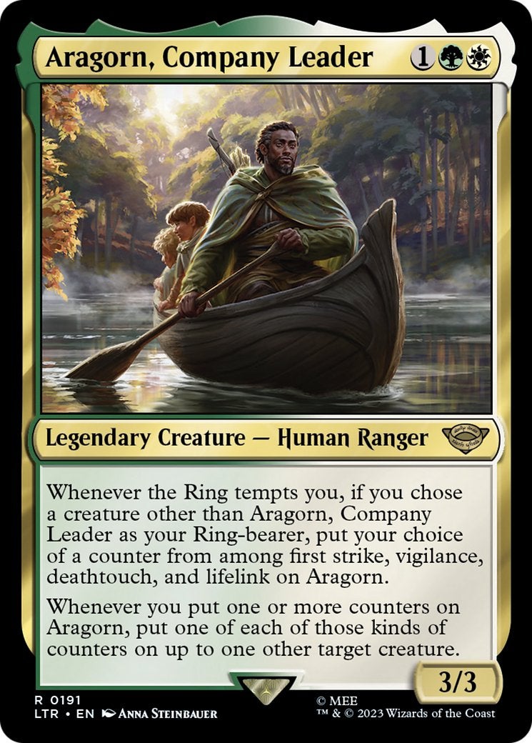 An Aragorn MTG card with art showing Aragorn in a boat with a couple of hobbits.