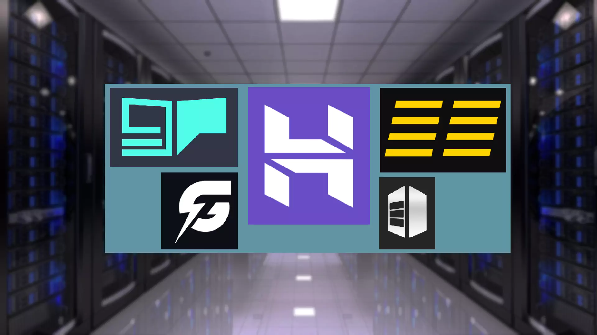 Five hosting service company logos in a white server room.