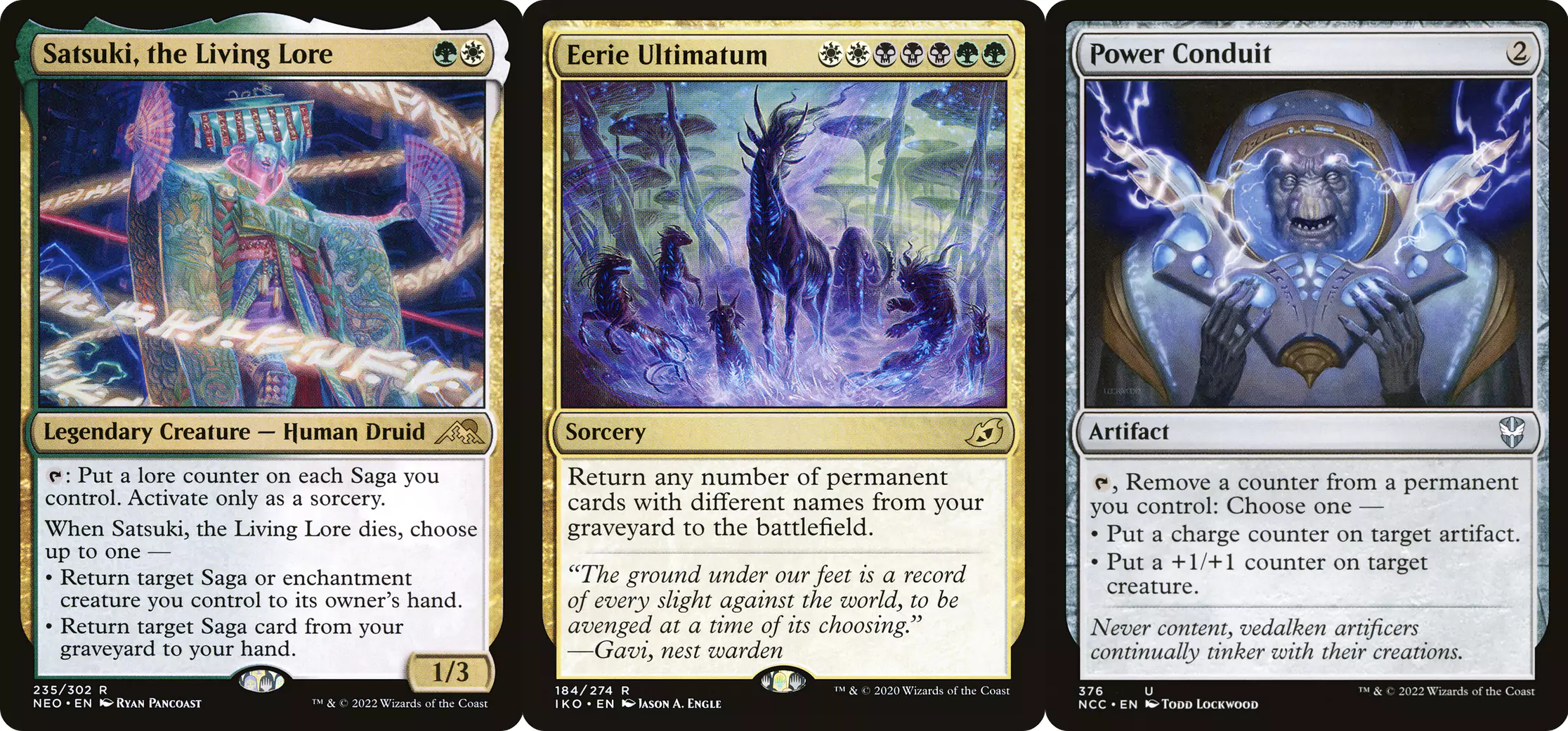 A Creature, Sorcery, and Artifact all focused on supporting Saga-related strategies in MTG.