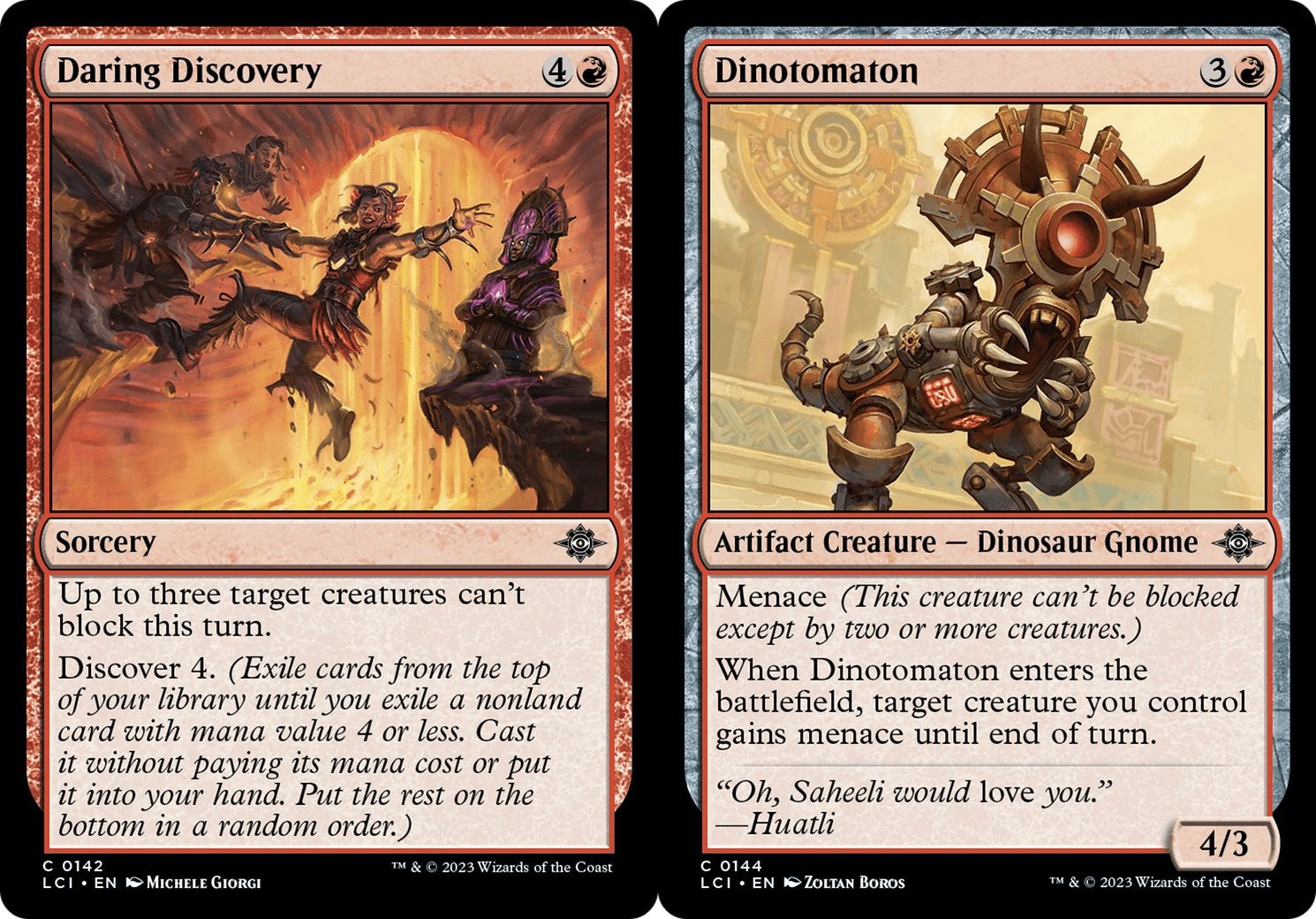 On the left is a red sorcery card from MTG with a Discover effect and on the right is a red creature card.