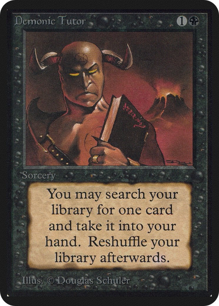 A black MTG card showing a demon holding a black book.