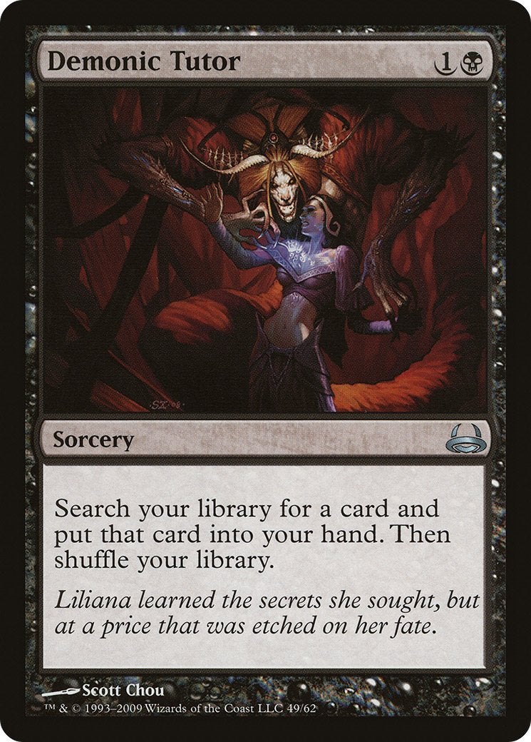 A version of the Demonic Tutor card with art depicting a demon carving symbols into the flesh of the Planeswalker Liliana Vess.