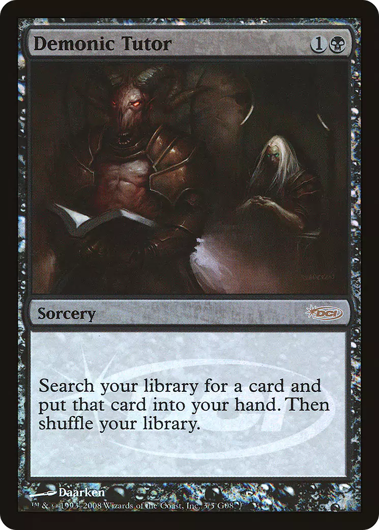 The Judge Gift Card 2008 version of the Demonic Tutor MTG card. The art shows a demon holding a book near a human with white hair and glowing eyes.