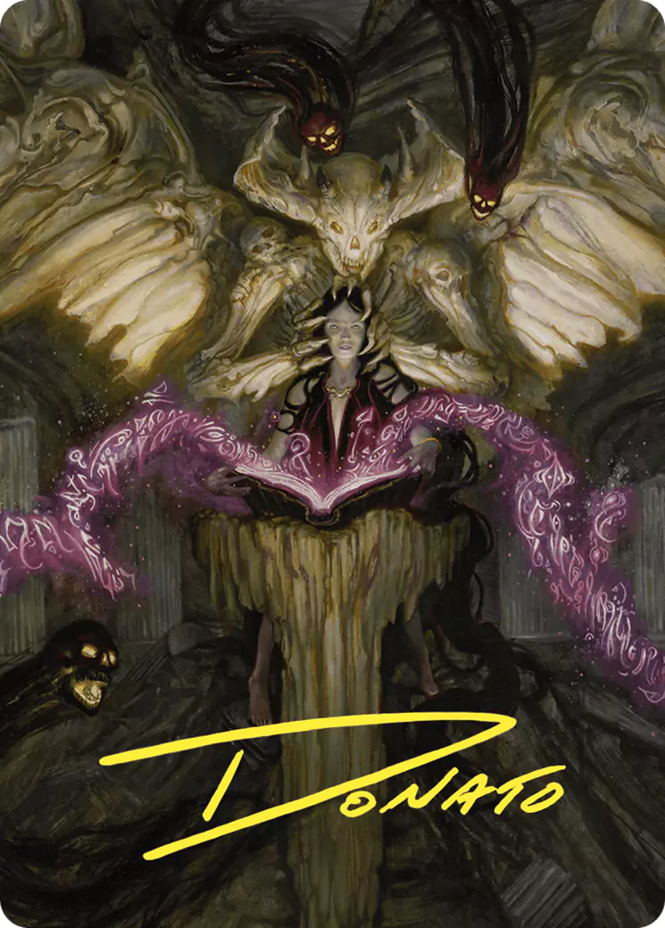 Memorabilia of the Demonic Tutor card art from Commander Masters with the serial number 696.
