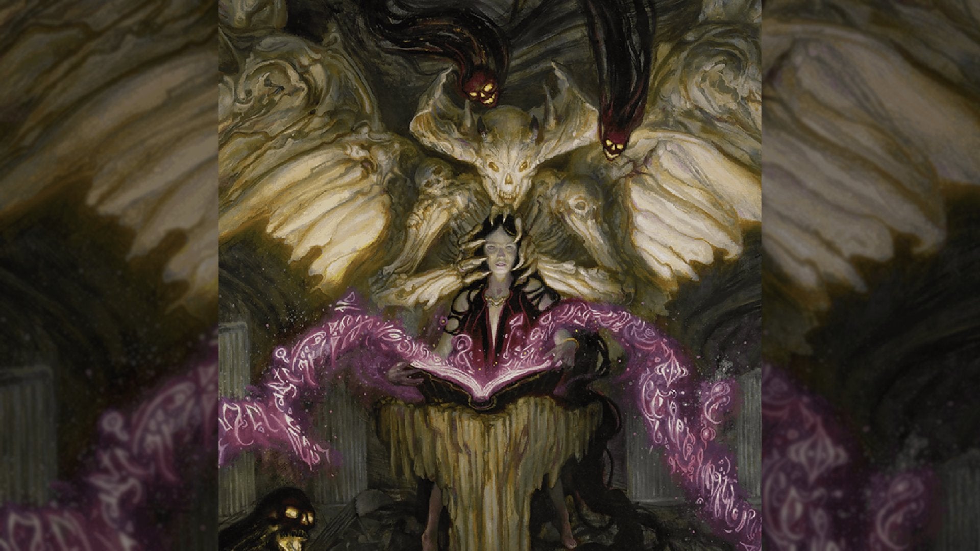 Art from the Demonic Tutor MTG card showing a demon and the Planeswalker Liliana Vess reading a book.