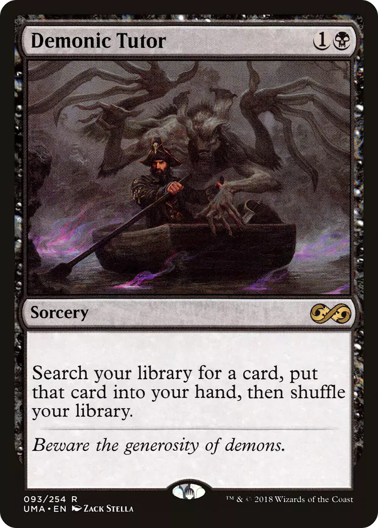 A version of the Demonic Tutor MTG card that shows a demon talking to a pirate while the latter is rowing a small boat.