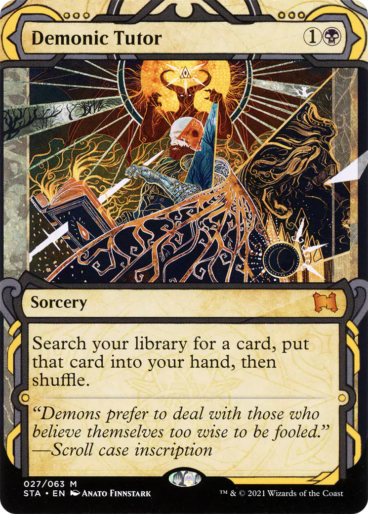 A variant of the Demonic Tutor card with ornate impressionistic art.