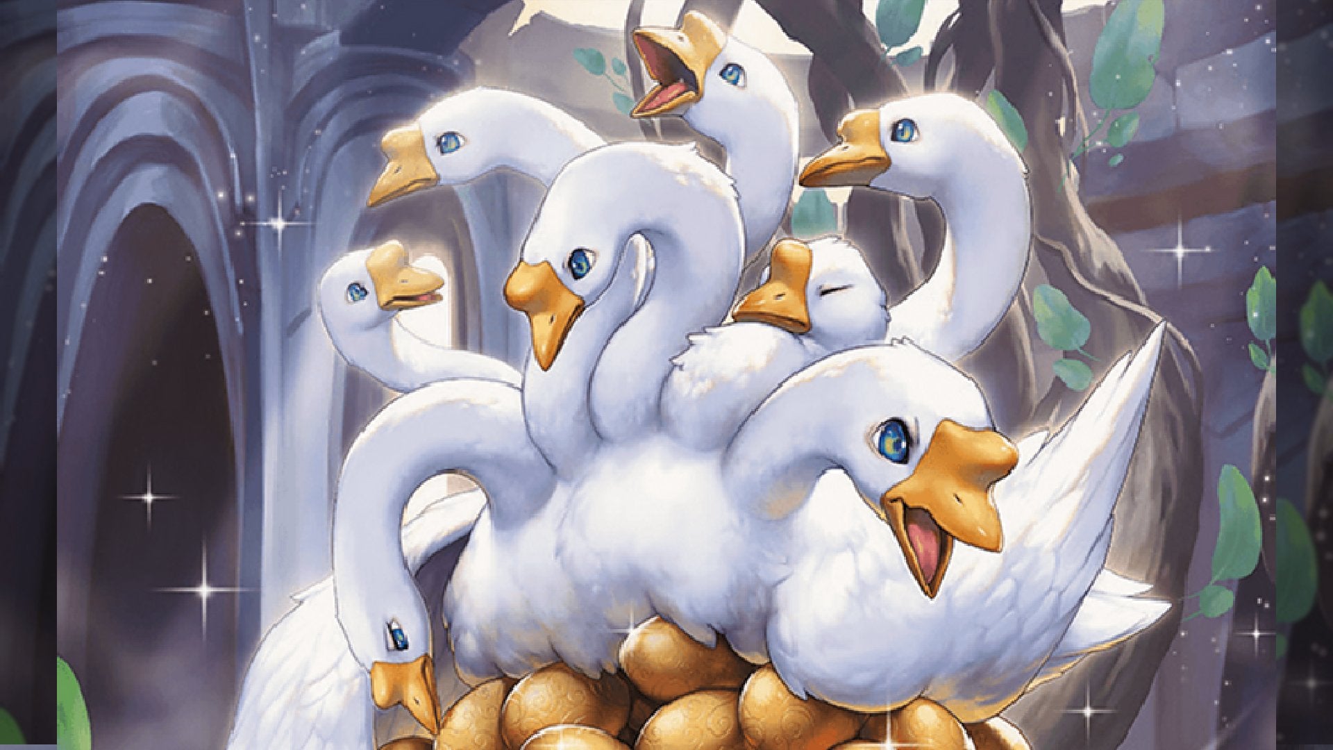 The Goose Mother from MTG sitting on a pile of golden eggs.