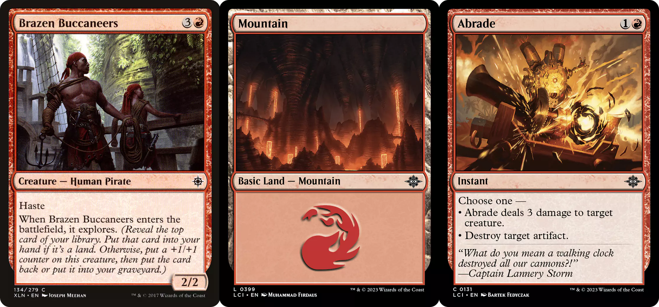 The Brazen Buccaneers, Mountain, and Abrade cards from MTG.