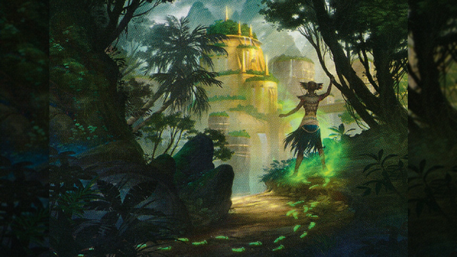 Card art from the Enter the Unknown Sorcery in MTG depicting a humanoid figure discovering a golden structure in a forest.