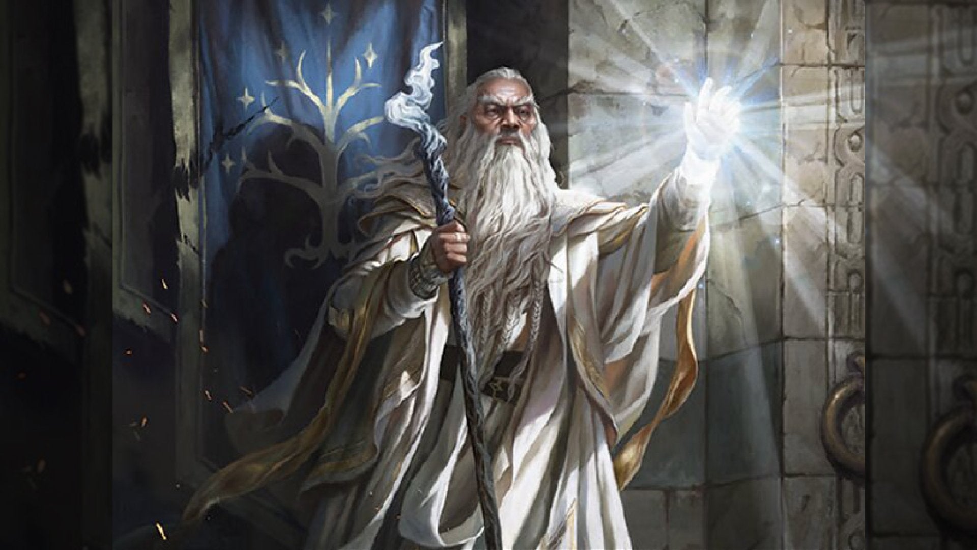 Art from the Gandalf the White MTG card showing the white wizard creating light with his hand.