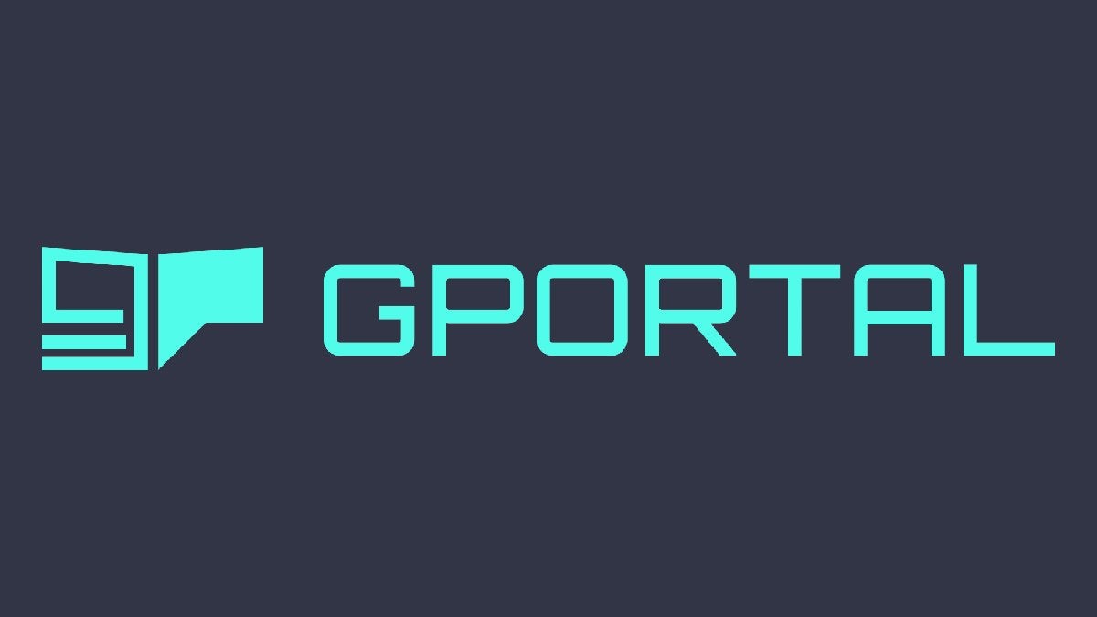 The G-Portal logo on a dark gray background. G-Portal is a company that provides game server hosting services.