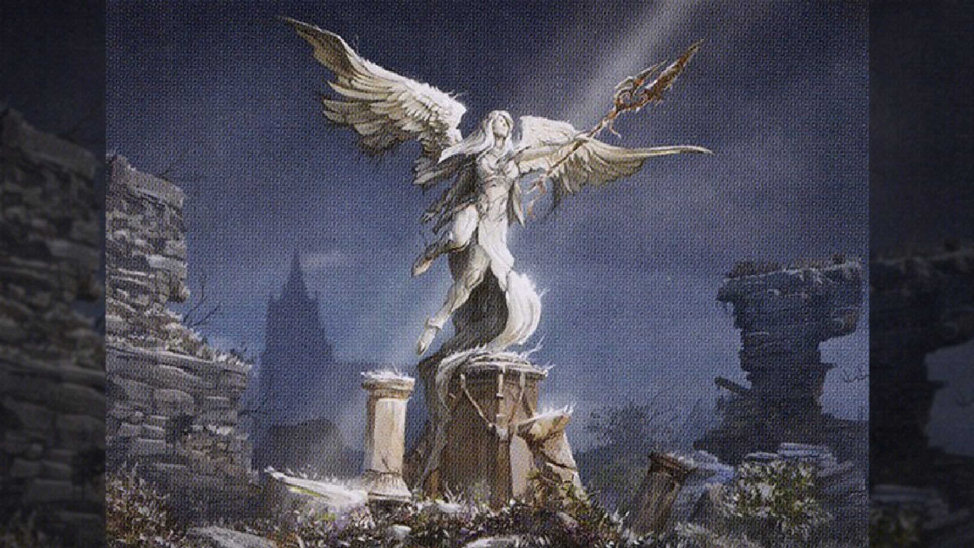 Art from the MTG card Avacyn's Memorial which depicts the statue of an angel among rubble.